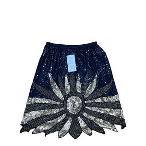 Vintage Joseph Le Bon Black Silk Sequin Sunburst Midi Skirt Gold Silver 22W NWT